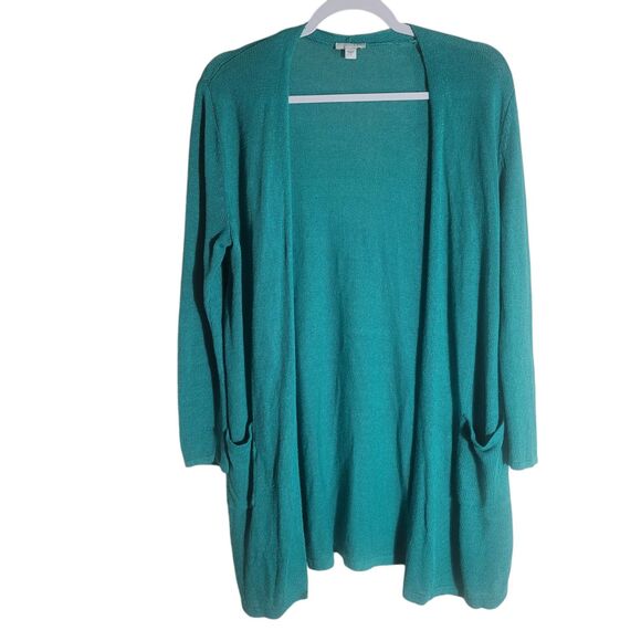 J. Jill Linen Cardigan Sweater Women's Size Medium Teal Green Slouchy Pocket - Picture 1 of 12